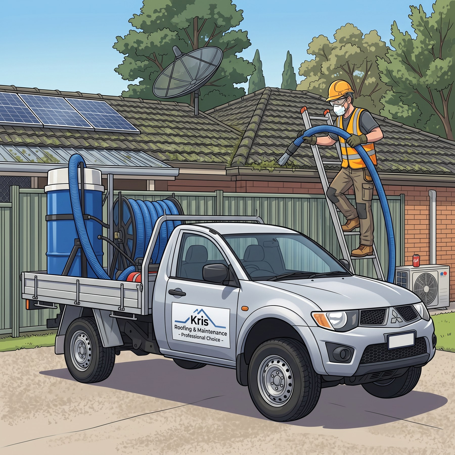 Kris Roofing and Maintenance branded gutter cleaning vehicle illustration